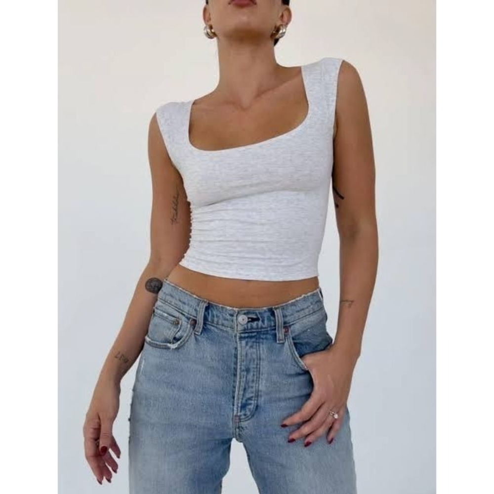 NWT RUMORED Gray Square Neck Cap Sleeve Cropped Tee Women's Size L